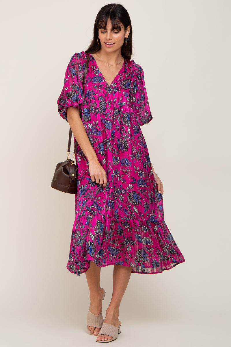 Magenta Floral V-Neck Shimmer Midi Dress – PinkBlush