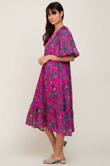 Magenta Floral V-Neck Shimmer Midi Dress