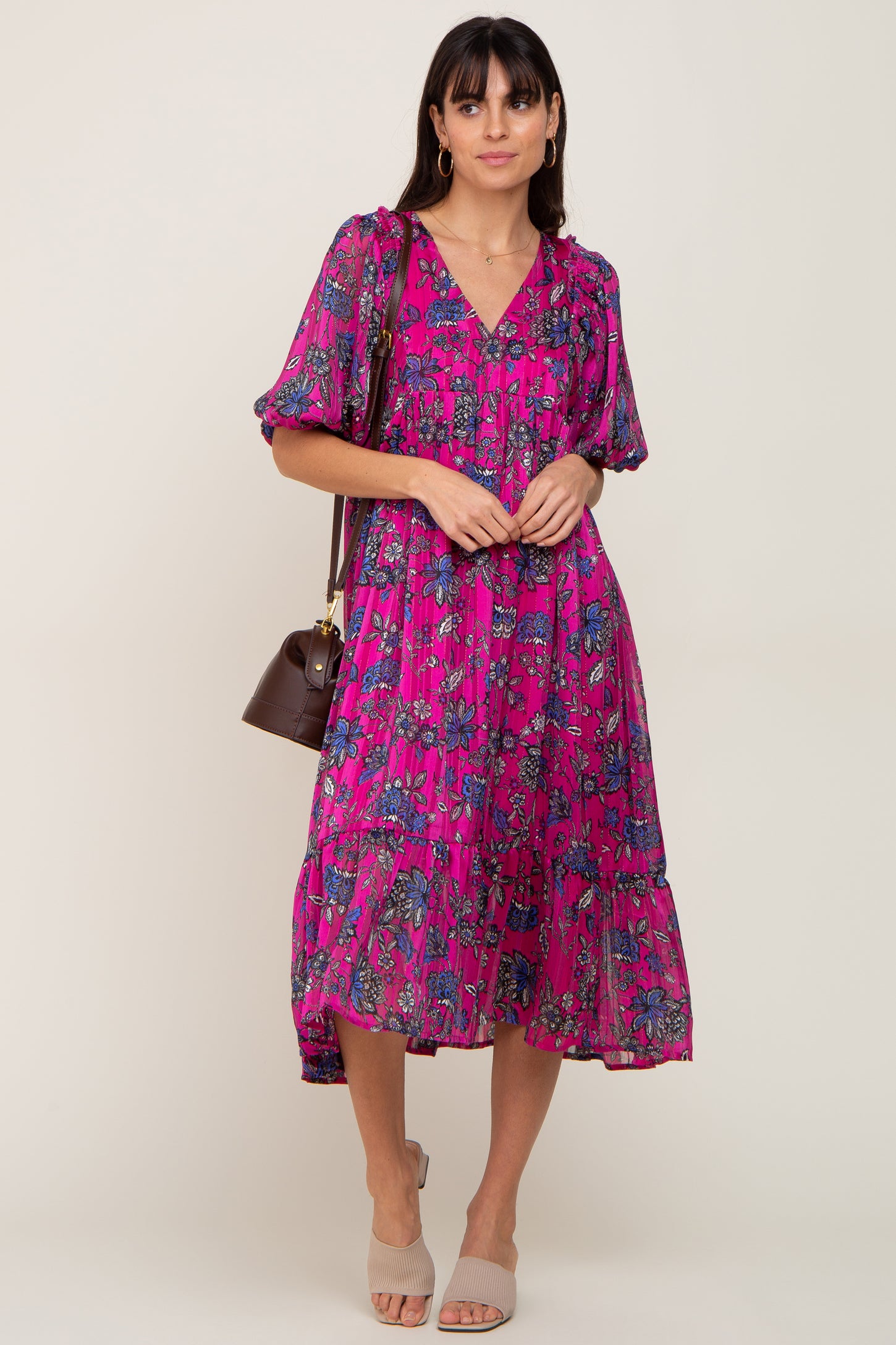 Magenta Floral V-Neck Shimmer Midi Dress – PinkBlush