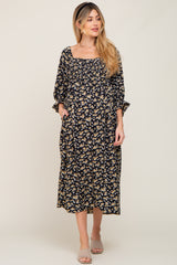 Black Floral Smocked 3/4 Sleeve Maternity Midi Dress