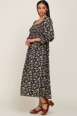 Black Floral Smocked 3/4 Sleeve Midi Dress