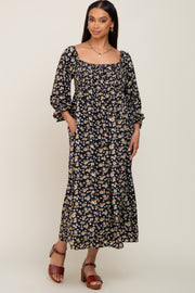 Black Floral Smocked 3/4 Sleeve Midi Dress