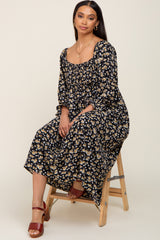 Black Floral Smocked 3/4 Sleeve Midi Dress