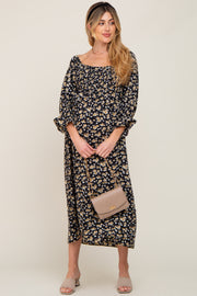 Black Floral Smocked 3/4 Sleeve Maternity Midi Dress