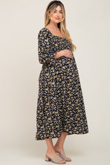 Black Floral Smocked 3/4 Sleeve Maternity Midi Dress