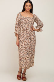 Taupe Floral Smocked 3/4 Sleeve Midi Dress