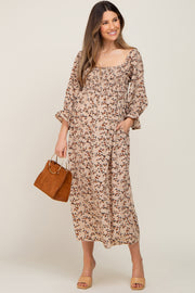 Taupe Floral Smocked 3/4 Sleeve Maternity Midi Dress