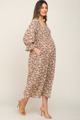 Taupe Floral Smocked 3/4 Sleeve Maternity Midi Dress