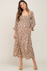 Taupe Floral Smocked 3/4 Sleeve Maternity Midi Dress