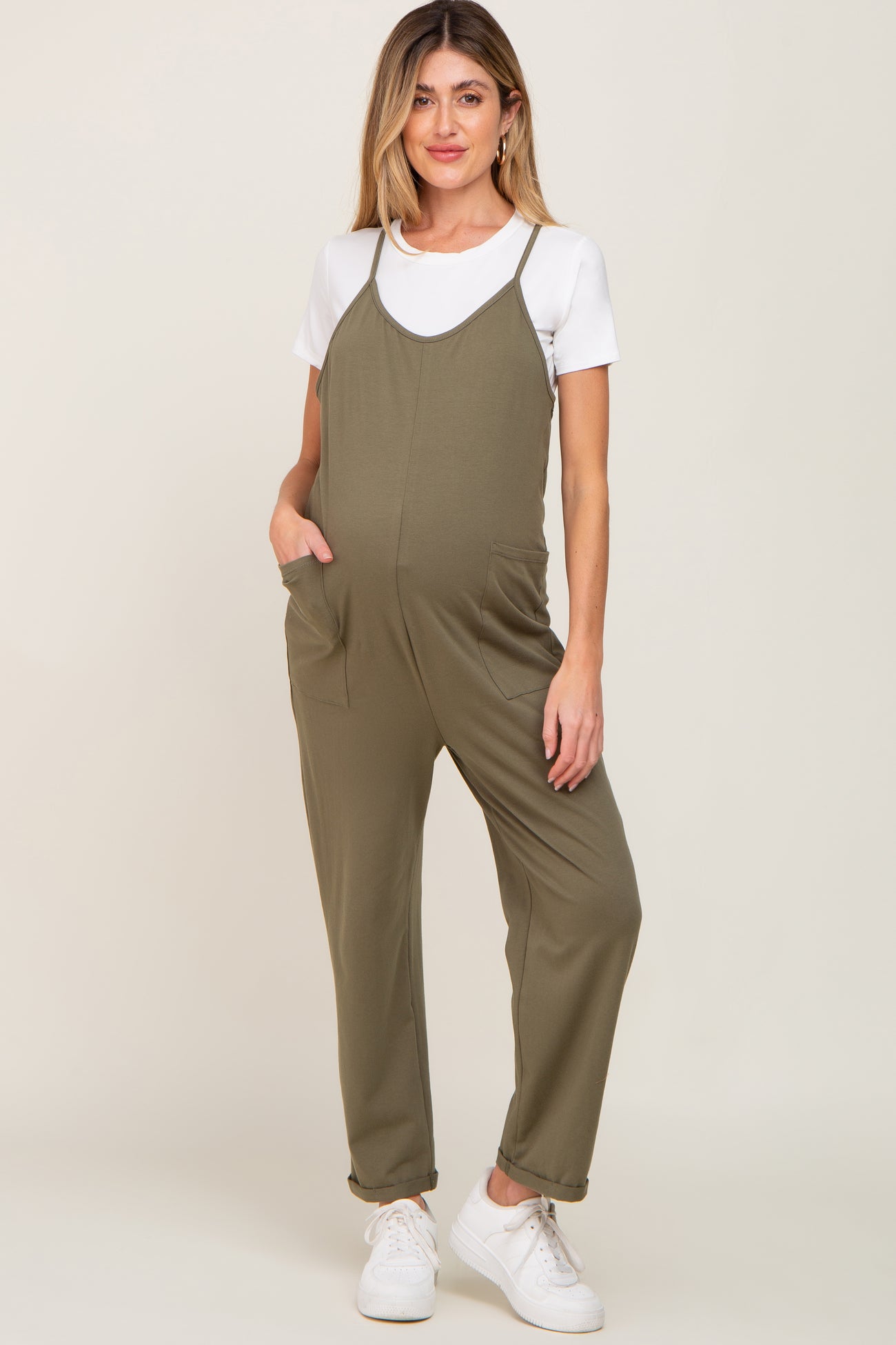 Ripe Maternity Maternity Cargo Pocket Linen Jumpsuit Olive