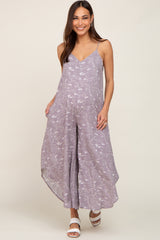 Lavender Leaf Print Asymmetrical Maternity Jumpsuit