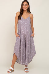 Lavender Leaf Print Asymmetrical Maternity Jumpsuit