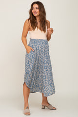 Blue Floral Round Hem Maternity Midi Skirt