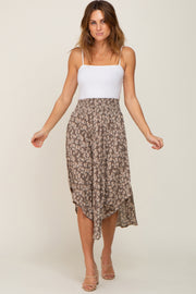 Mocha Floral Round Hem Midi Skirt