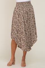 Mocha Floral Round Hem Midi Skirt