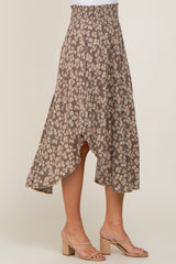 Mocha Floral Round Hem Midi Skirt