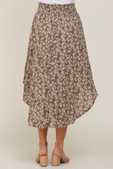 Mocha Floral Round Hem Midi Skirt