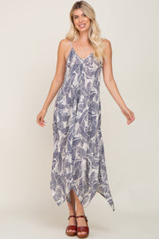 Navy Leaf Print Handkerchief Midi Dress