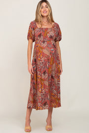 Rust Leaf Print Square Neckline Maternity Midi Dress