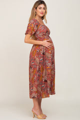 Rust Leaf Print Square Neckline Maternity Midi Dress