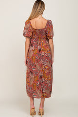 Rust Leaf Print Square Neckline Maternity Midi Dress