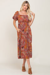 Rust Leaf Print Square Neckline Maternity Midi Dress