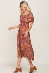 Rust Leaf Print Square Neckline Midi Dress