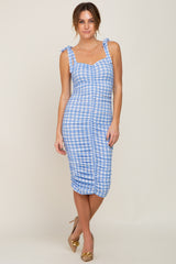 Blue Gingham Print Ruched Shoulder Tie Maternity Dress