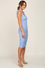 Blue Gingham Print Ruched Shoulder Tie Dress