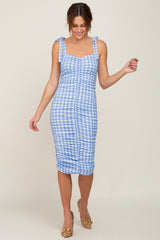 Blue Gingham Print Ruched Shoulder Tie Dress