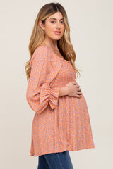 Peach Floral Smocked Square Neck Maternity Top