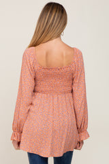 Peach Floral Smocked Square Neck Maternity Top