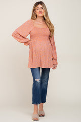 Peach Floral Smocked Square Neck Maternity Top