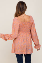 Peach Floral Smocked Square Neck Top