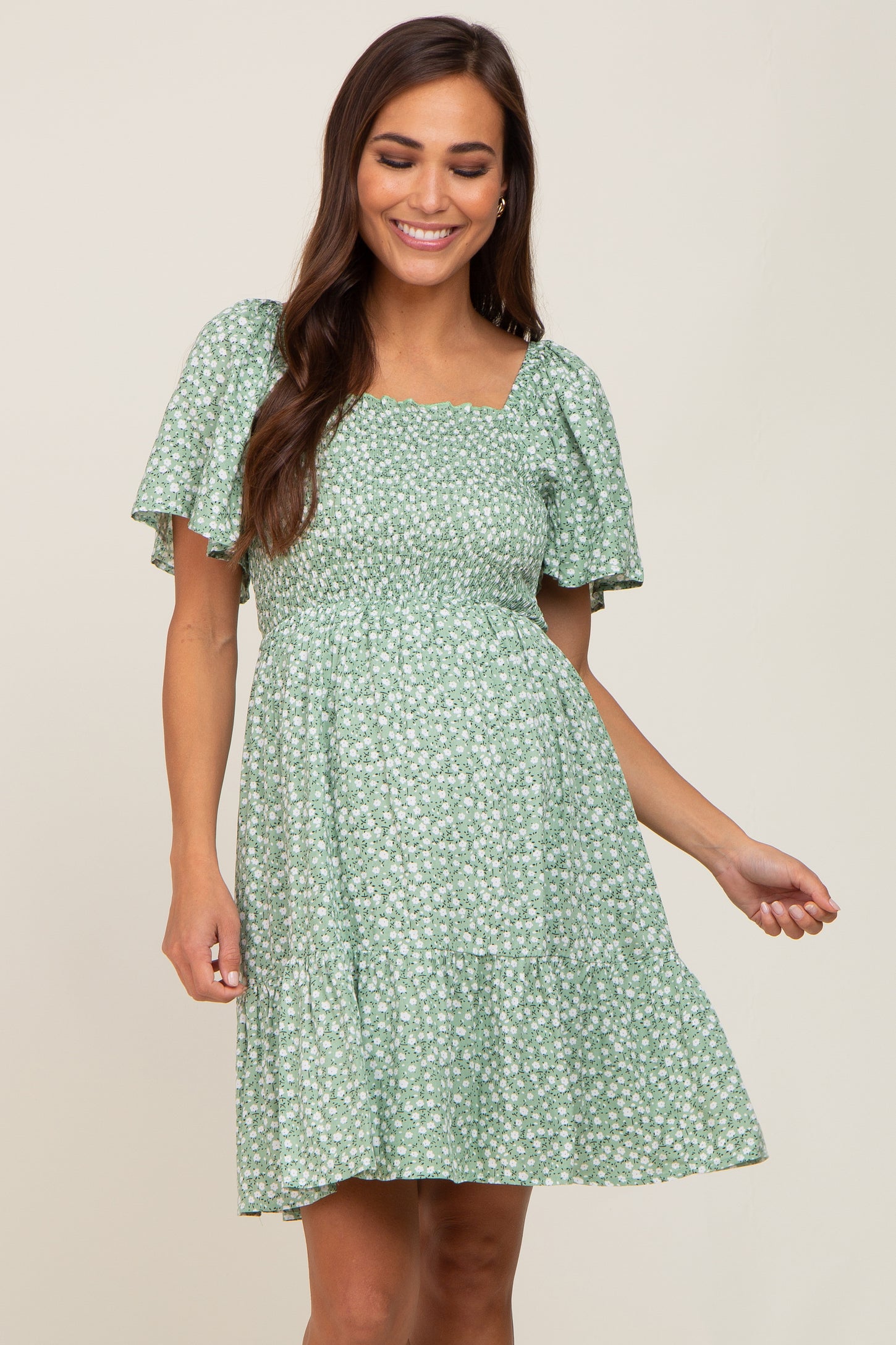Olive Smocked Ruched Ruffle Hem Maternity Maxi Dress– PinkBlush