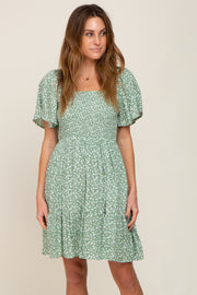 Light Olive Floral Smocked Square Neck Ruffle Hem Dress