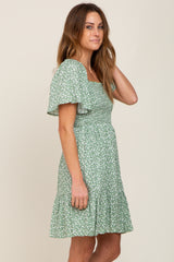 Light Olive Floral Smocked Square Neck Ruffle Hem Dress