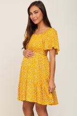 Yellow Floral Smocked Square Neck Ruffle Hem Maternity Dress