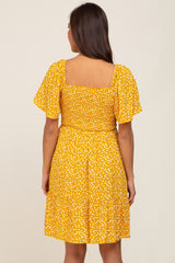 Yellow Floral Smocked Square Neck Ruffle Hem Maternity Dress