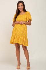 Yellow Floral Smocked Square Neck Ruffle Hem Maternity Dress