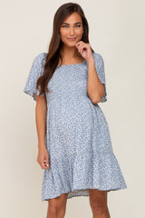 Light Blue Floral Smocked Square Neck Ruffle Hem Maternity Dress