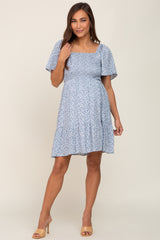 Light Blue Floral Smocked Square Neck Ruffle Hem Maternity Dress