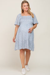 Light Blue Floral Smocked Square Neck Ruffle Hem Maternity Plus Dress