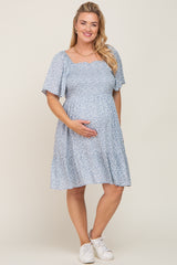 Light Blue Floral Smocked Square Neck Ruffle Hem Maternity Plus Dress