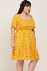 Yellow Floral Smocked Square Neck Ruffle Hem Plus Dress