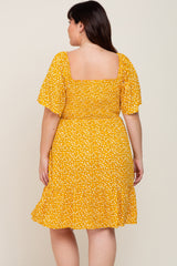 Yellow Floral Smocked Square Neck Ruffle Hem Plus Dress