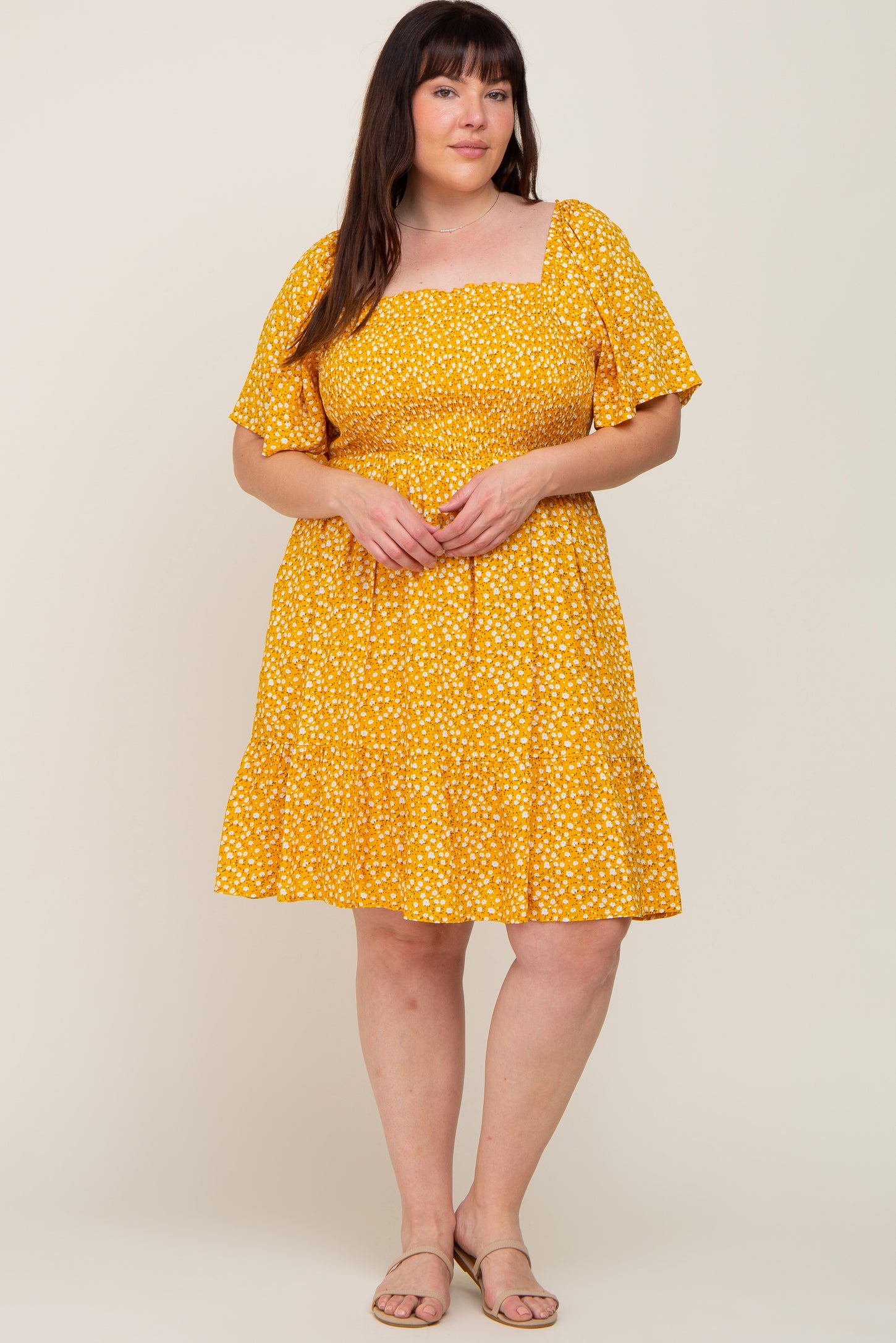 Yellow Floral Smocked Square Neck Ruffle Hem Plus Dress– PinkBlush