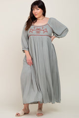 Mint Embroidered 3/4 Sleeve Plus Maxi Dress