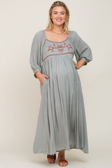 Mint Embroidered 3/4 Sleeve Plus Maternity Maxi Dress