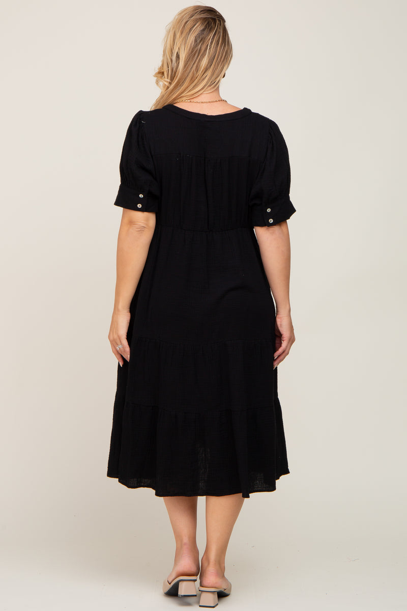 Black Button Down Short Sleeve Plus Maternity Dress– PinkBlush